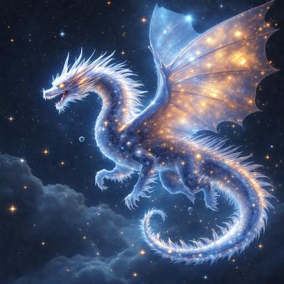 The primary subject of the image is a dragon, which is a large, blue, and white creature with a long tail and a long neck. The dragon is flying through the night sky, surrounded by a cloudy background. The visual style of the image is digital art, as it appears to be a computer-generated or digitally painted illustration. The dominant colors in the image are blue and white, giving the dragon a serene and majestic appearance as it soars through the night.